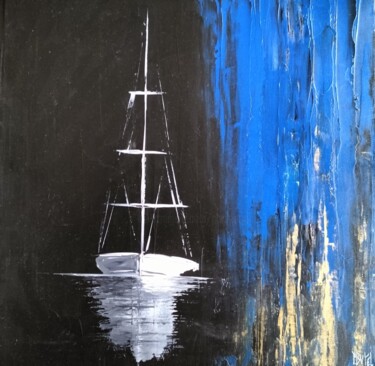 Painting titled "Voilier blanc sur m…" by Patrice Butel, Original Artwork, Oil Mounted on Wood Stretcher frame