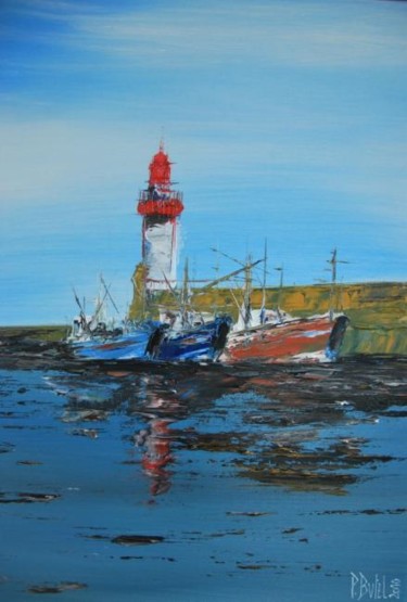 Painting titled "Chalutiers au port" by Patrice Butel, Original Artwork, Oil