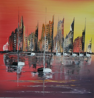 Painting titled "Sea-sail-city-647" by Patrice Butel, Original Artwork, Oil