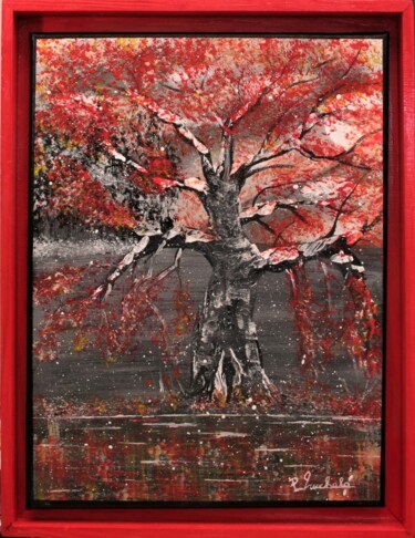 Painting titled "N°43 Arbre rouge" by Patrice Gruchala, Original Artwork, Acrylic Mounted on Wood Stretcher frame