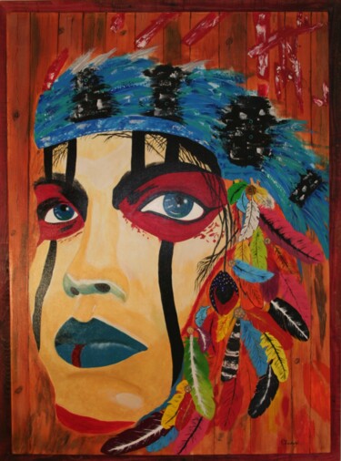 Painting titled "LA FEMME APACHE" by Patrice Gruchala, Original Artwork, Acrylic Mounted on Wood Stretcher frame