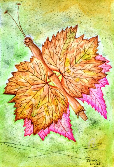 Painting titled "Papillon Feuilles d…" by Patrice Le Gall, Original Artwork, Watercolor