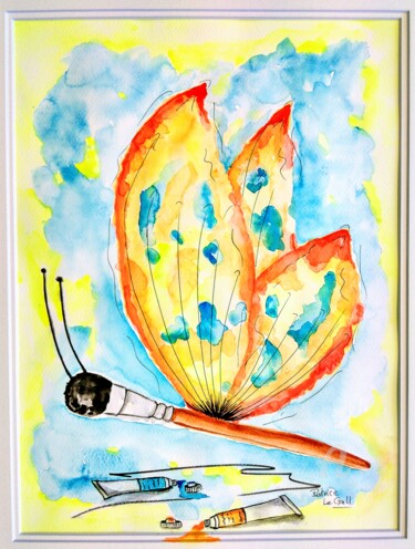 Painting titled "Le Papillon Artiste…" by Patrice Le Gall, Original Artwork, Watercolor