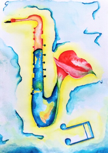Schilderij getiteld "Le Saxophone en Fle…" door Patrice Le Gall, Origineel Kunstwerk, Aquarel
