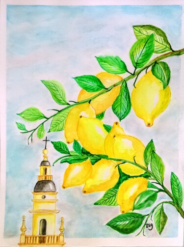 Peinture intitulée "Les Citrons de Ment…" par Patrice Le Gall, Œuvre d'art originale, Aquarelle
