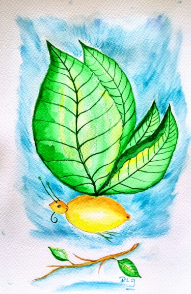 Painting titled "Papillon Citron" by Patrice Le Gall, Original Artwork, Watercolor