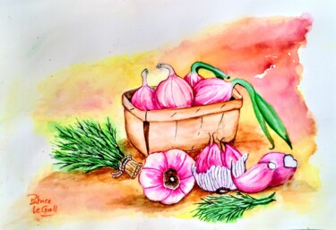 Painting titled "L'Ail rose et le Ro…" by Patrice Le Gall, Original Artwork, Watercolor