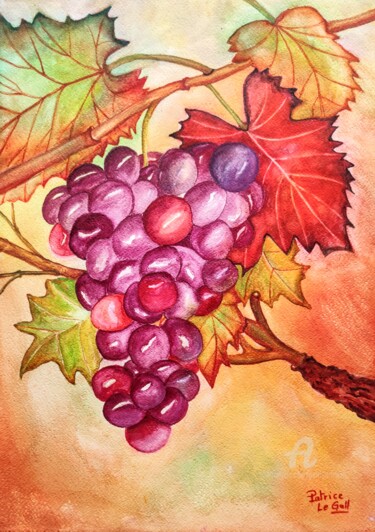 Painting titled "Les Raisins Rouges" by Patrice Le Gall, Original Artwork, Watercolor