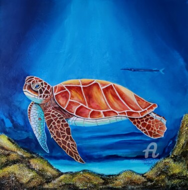 Painting titled "La Tortue Verte Ros…" by Patrice Le Gall, Original Artwork, Acrylic
