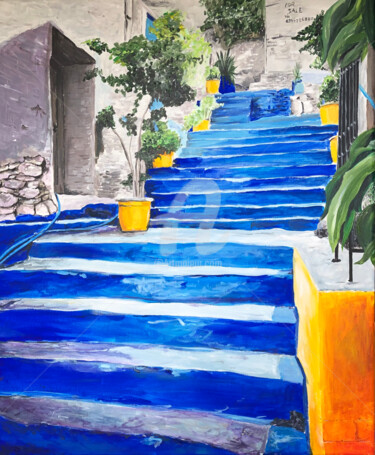 Schilderij getiteld "L'escalier bleu de…" door Patrice Behra, Origineel Kunstwerk, Acryl Gemonteerd op Frame voor houten bra…