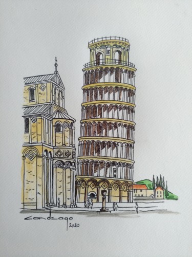 Desenho intitulada "La tour de Pise" por Patrice Candeago, Obras de arte originais, Óleo