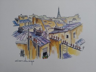 Dessin intitulée "Les toits de Paris" par Patrice Candeago, Œuvre d'art originale, Huile