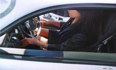 la Porsche blanche Peinture intitulée "la Porsche blanche" par Patrice Larue, Œuvre d'art originale, Huile
