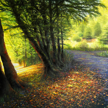 Painting titled "lumière d'automne/…" by Patrice Larue, Original Artwork, Oil Mounted on Wood Stretcher frame