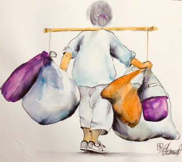 Drawing titled "vieille femme" by Patricia Blanchet-Olivier, Original Artwork, Watercolor Mounted on Cardboard
