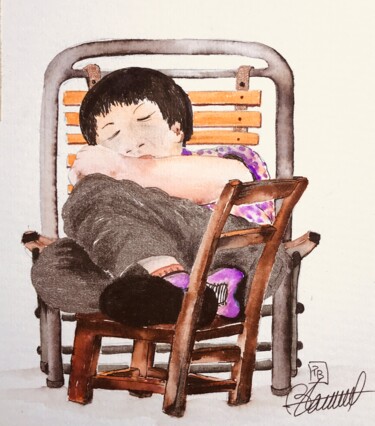 Peinture intitulée "la sieste" par Patricia Blanchet-Olivier, Œuvre d'art originale, Aquarelle Monté sur Carton