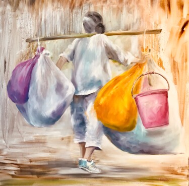 Peinture intitulée "Vieille femme Chino…" par Patricia Blanchet-Olivier, Œuvre d'art originale, Huile Monté sur Châssis en b…
