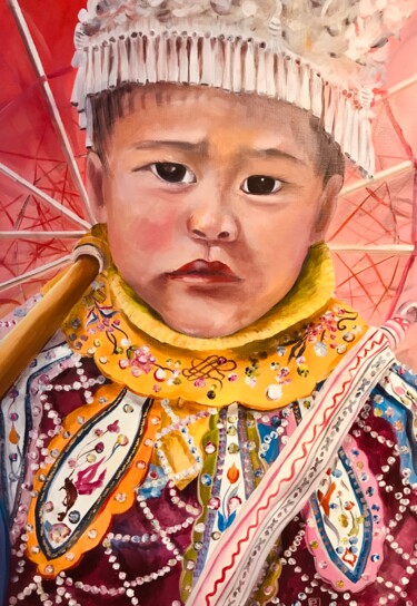 Painting titled "Enfant Miao (Guizho…" by Patricia Blanchet-Olivier, Original Artwork, Oil Mounted on Wood Stretcher frame