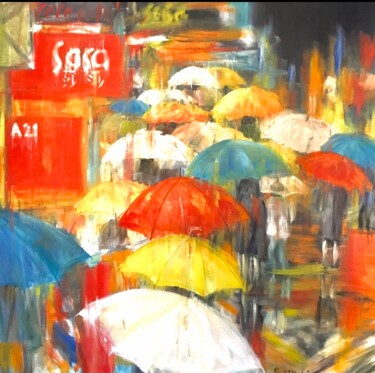 Painting titled "parapluies" by Patricia Blanchet-Olivier, Original Artwork, Oil Mounted on Wood Stretcher frame