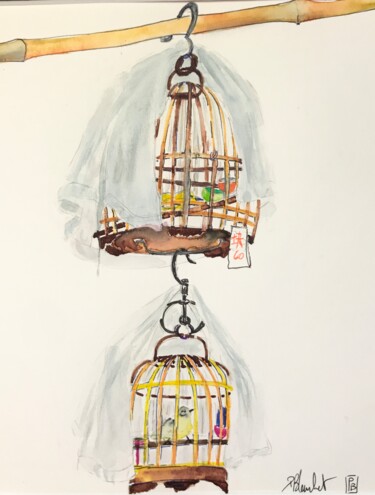 Картина под названием "Cages à oiseaux" - Patricia Blanchet-Olivier, Подлинное произведение искусства, Чернила Установлен на…