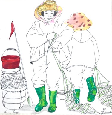 Dessin intitulée "À la pêche" par Patricia Blanchet-Olivier, Œuvre d'art originale, Encre Monté sur Autre panneau rigide