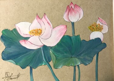 Painting titled "Fleurs de lotus" by Patricia Blanchet-Olivier, Original Artwork, Acrylic Mounted on Other rigid panel