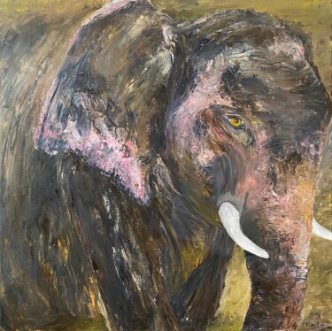 Painting titled "Éléphant" by Patricia Blanchet-Olivier, Original Artwork, Oil Mounted on Wood Stretcher frame