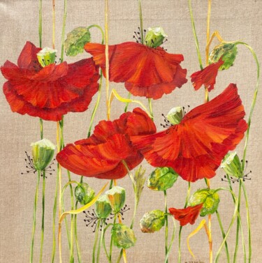Painting titled "coquelicots  rouges" by Patricia Blanchet-Olivier, Original Artwork, Oil