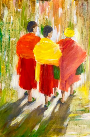 Pintura intitulada "Moines (Laos)" por Patricia Blanchet-Olivier, Obras de arte originais, Óleo