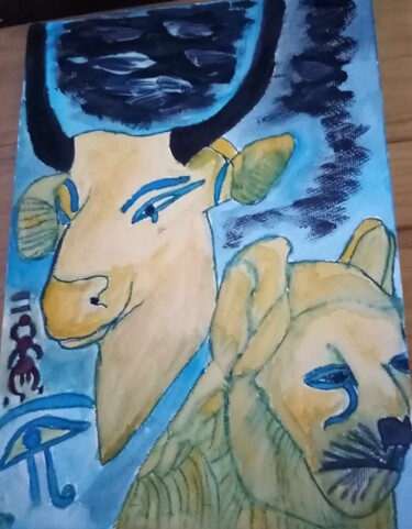 Peinture intitulée "El Toro y León Egip…" par Patricia Brown (Artedibujopbrown), Œuvre d'art originale, Aquarelle
