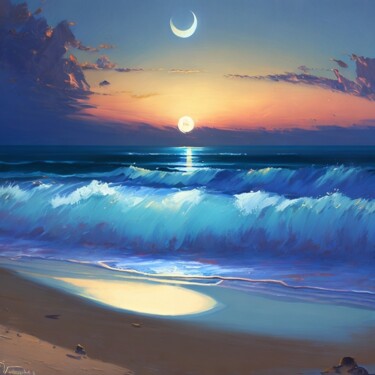 Digital Arts titled "Luna sobre el mar" by Patricia Brown (Artedibujopbrown), Original Artwork, AI generated image