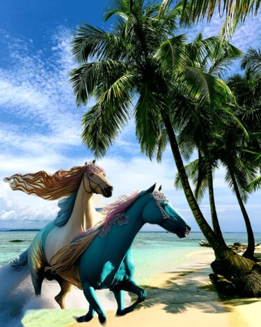 Digital Arts titled "Caballos en la playa" by Patricia Brown (Artedibujopbrown), Original Artwork, AI generated image