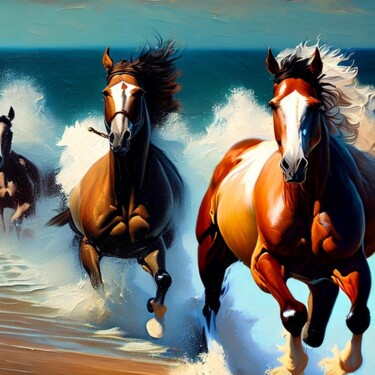 Artes digitais intitulada "Caballos en el mar" por Patricia Brown (Artedibujopbrown), Obras de arte originais, Imagem gerada…