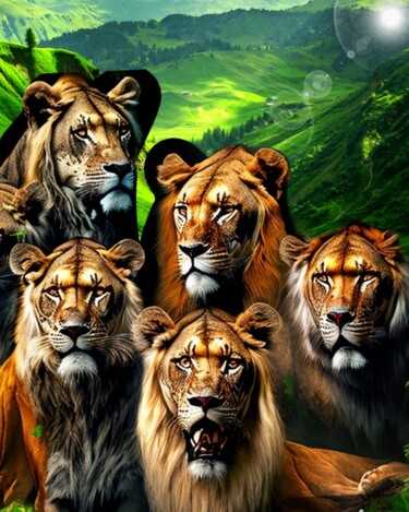 Digital Arts titled "Manada de leones" by Patricia Brown (Artedibujopbrown), Original Artwork, AI generated image