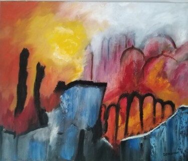 Painting titled "Incendie" by Patricia Caillault, Original Artwork, Oil Mounted on Wood Stretcher frame