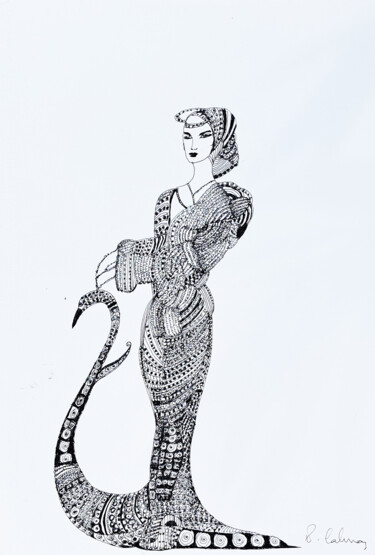 Printmaking titled "Lady Swan" by Patrícia Calmon, Original Artwork, Ballpoint pen