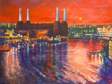 Painting titled "Red sunset behind B…" by Patricia Clements Art, Original Artwork, Oil Mounted on Wood Stretcher frame