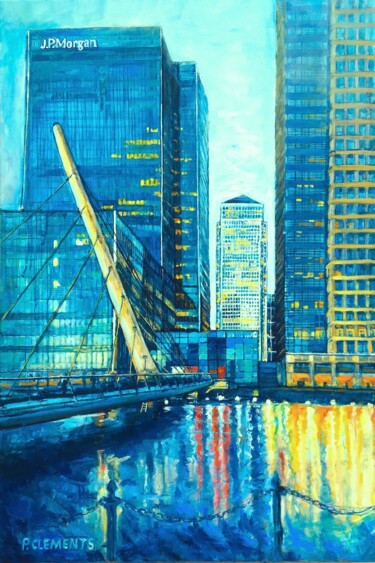 Painting titled "Canary Wharf near d…" by Patricia Clements Art, Original Artwork, Oil Mounted on Wood Stretcher frame