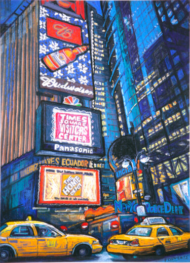 Painting titled "New York Times Squa…" by Patricia Clements Art, Original Artwork, Oil Mounted on Wood Stretcher frame