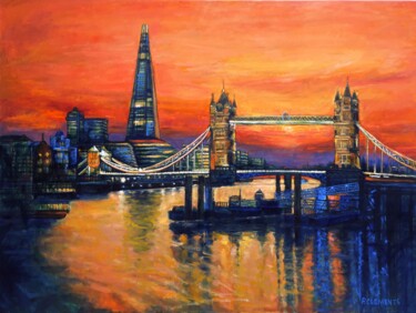 Painting titled "Orange sunset Londo…" by Patricia Clements Art, Original Artwork, Oil Mounted on Wood Stretcher frame
