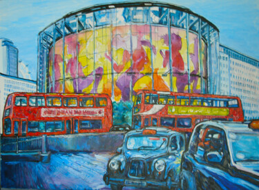 Painting titled "Imax London Citysca…" by Patricia Clements Art, Original Artwork, Oil Mounted on Wood Stretcher frame