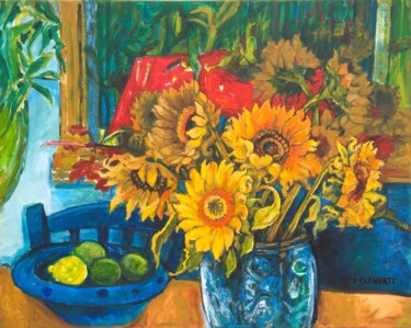 Painting titled "Sunflowers Lemon an…" by Patricia Clements Art, Original Artwork, Oil