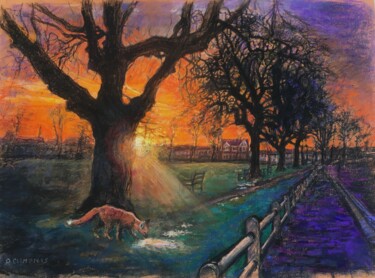 绘画 标题为“Sunset Fox on the G…” 由Patricia Clements Art, 原创艺术品, 粉彩