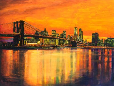 Malerei mit dem Titel "Brooklyn Bridge sun…" von Patricia Clements Art, Original-Kunstwerk, Öl Auf artwork_cat. montiert