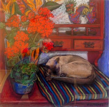 Drawing titled "Bb on the Dresser" by Patricia Clements Art, Original Artwork, Pastel Mounted on Cardboard