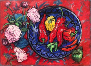 Drawing titled "Peony and Peppers s…" by Patricia Clements Art, Original Artwork, Pastel Mounted on Cardboard