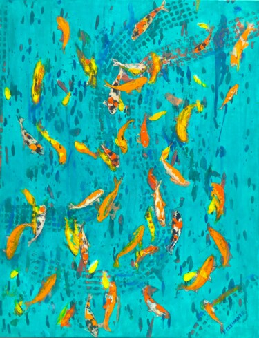 Картина под названием "Dancing Gold fish" - Patricia Clements Art, Подлинное произведение искусства, Акрил Установлен на Дер…