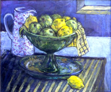 Painting titled "Apples and Lemons s…" by Patricia Clements Art, Original Artwork, Oil Mounted on Wood Stretcher frame