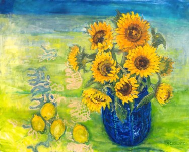 Painting titled "Sunflowers with Lem…" by Patricia Clements Art, Original Artwork, Oil Mounted on Wood Stretcher frame