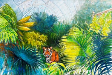 Painting titled "The Tiger at Kew Ga…" by Patricia Clements Art, Original Artwork, Oil Mounted on Wood Stretcher frame